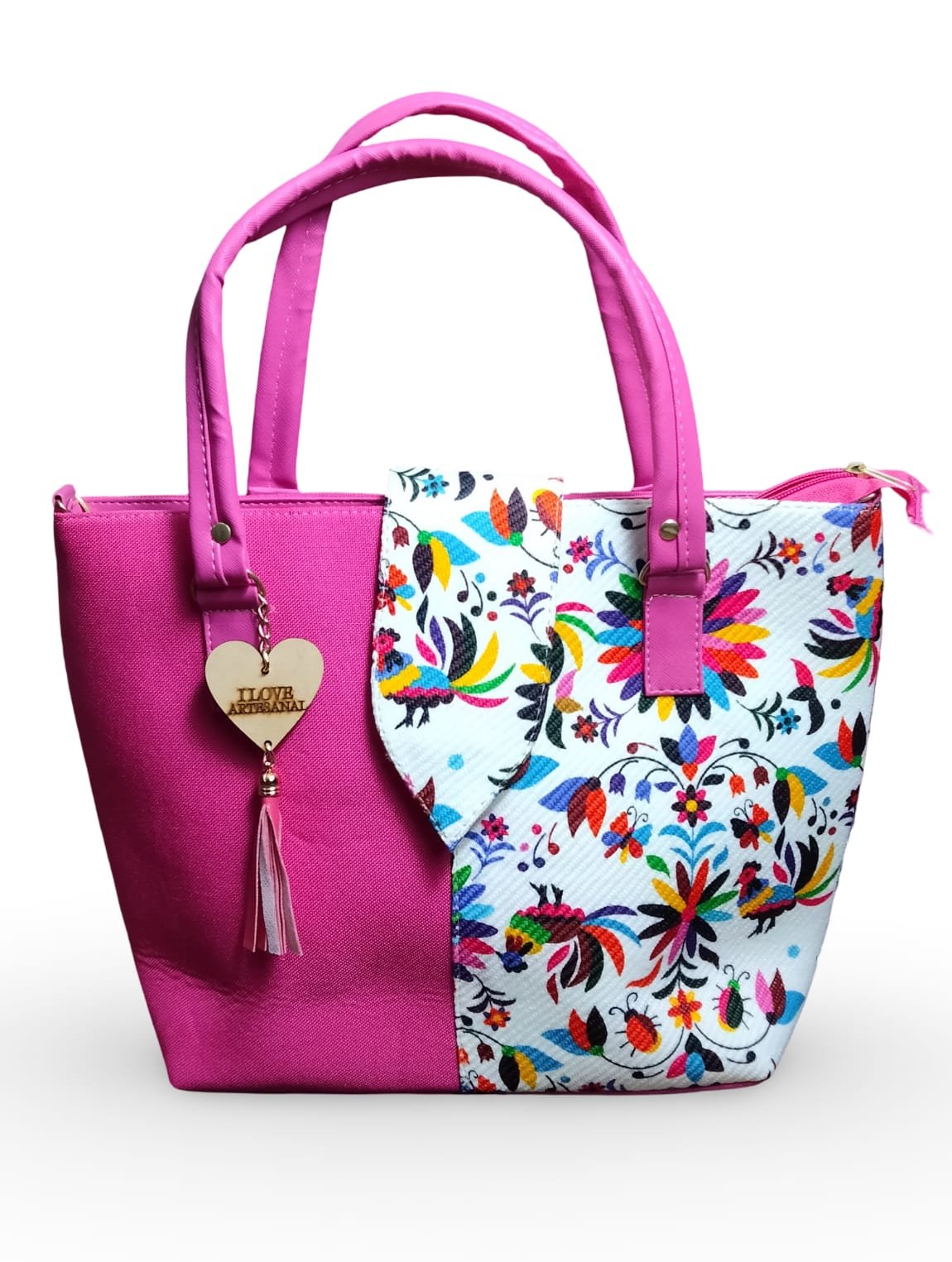 BOLSA ARTESANAL FLORAL ROSA-DISEÑO MEXICANO